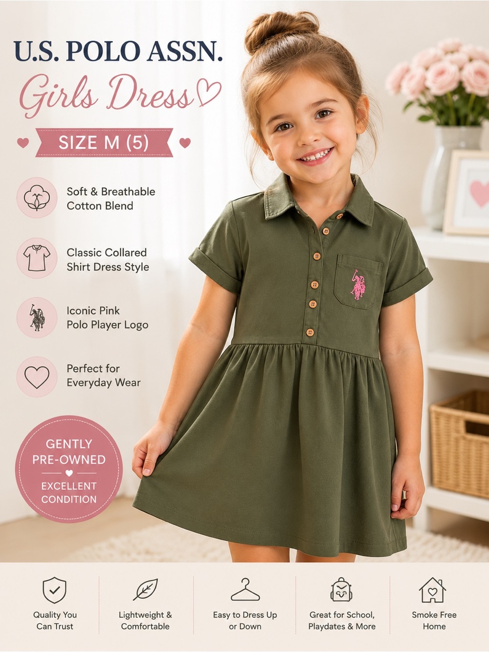 U.S. Polo Assn. Girls Olive Green Collared Dress | Size 5 | Cotton Blend